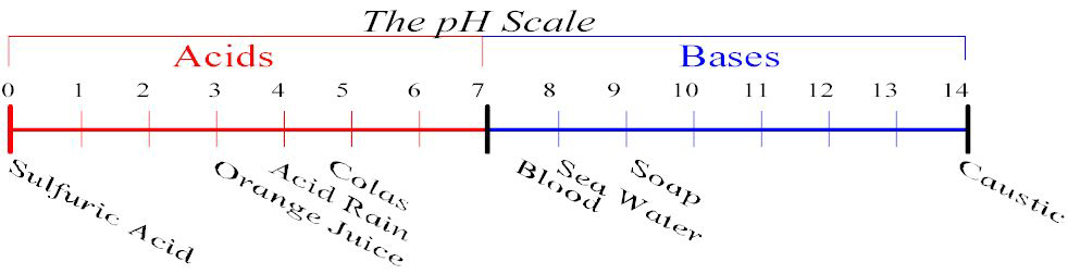pH Scale 0-14. A pH value <7 represents and acid while a pH > 7 is a base